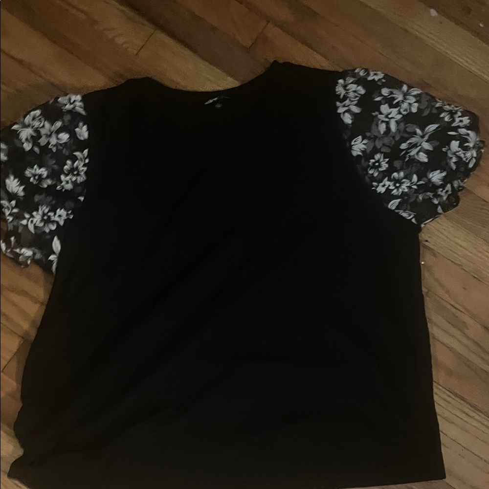 Alice Blue Black Top with Floral Sleeves